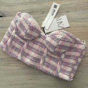 Zara Tweed Bustier Top Pink Purple White NWT    S